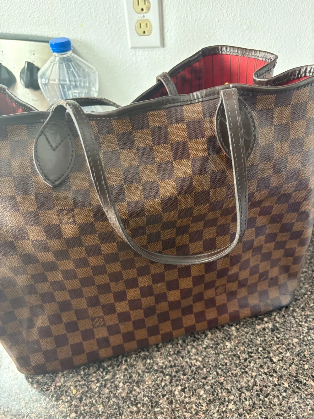 Louis Vuitton Brown Checkered Tote with Red Interior